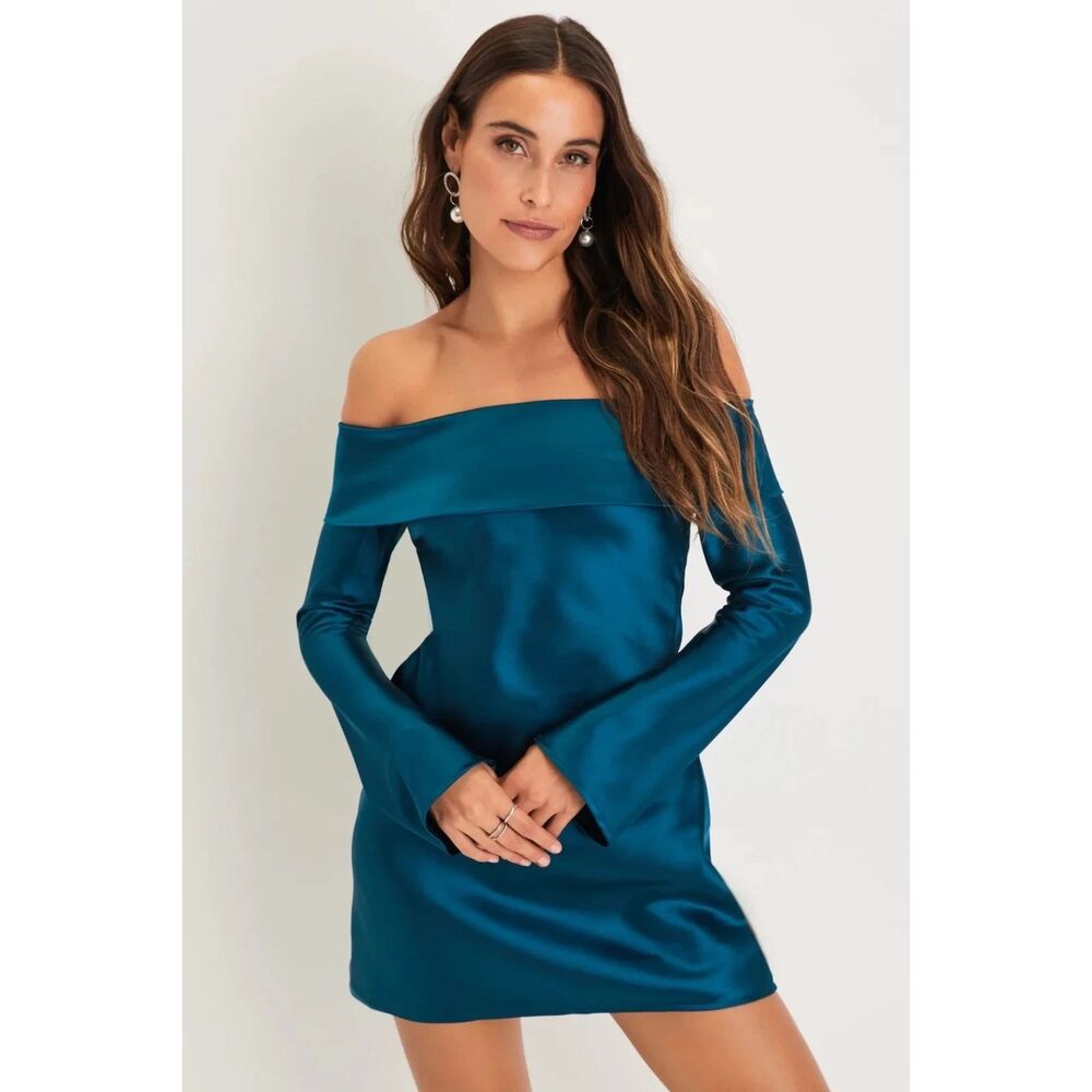 LULUS Luxurious Vision Satin Off-the-Shoulder Mini Dress S Teal Blue NWT B37
